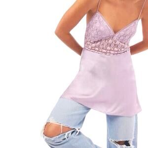 Free People New Love Mini Slip Dress Lilac Satin Lace Bodice Size S